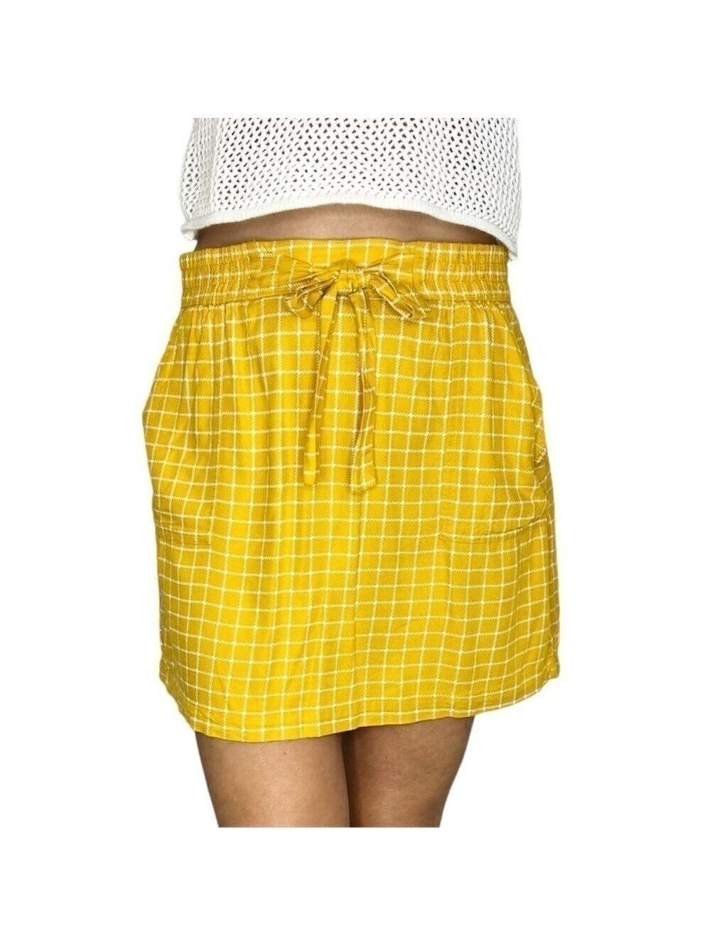 TWIK golden yellow white windowpane print flowy mini skirt M